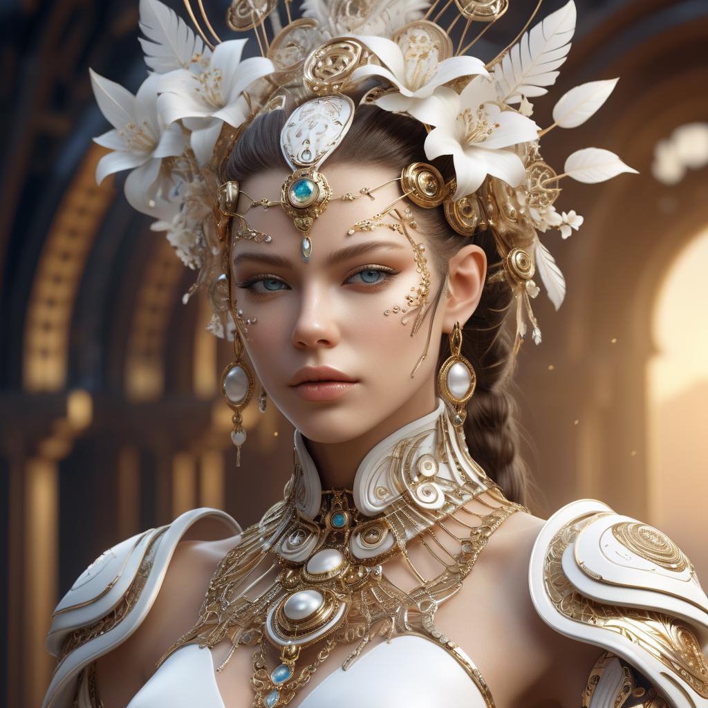 A woman in a white dress and gold jewelry with flowers - SeaArt AI