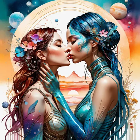 portrait of a woman kissing a woman in interplanetary Digital watercolor Illustration of a summerscape sunset, by JB, Waterhouse, Carne Griffiths, Minjae Lee, Ana Paula Hoppe, Stylized watercolor art, Intricate, Complex contrast, HDR, Sharp, soft Cinematic Volumetric lighting, flowery pastel colours, wide long shot, perfect masterpiece, detailed matte painting, deep color, fantastical, intricate detail, splash screen, complementary colors, fantasy concept art, 8k resolution trending on Artstation Unreal Engine 5