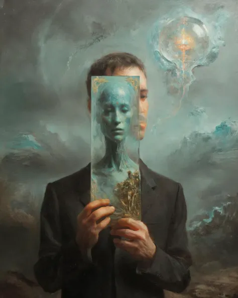 oil painting of a being holding a 2d tarot card of the future by beksinski by giger by William Eggleston reflections in chrome and glass <lora:dissolve:1><lora:oilpaintingClassipeintXL1.9:1> <lora:Outsider_Art>