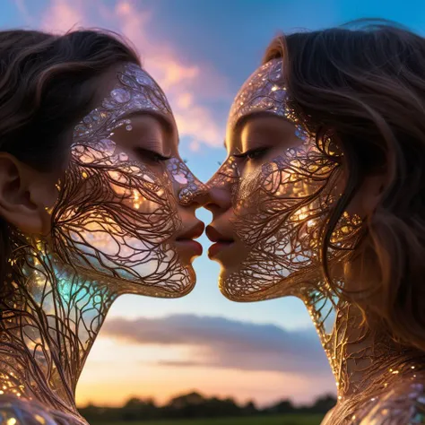 portrait of a two women kissing eachother by Deborah Butterfield, Andy Goldsworthy, Xavier Puente Vilardell, close up transparent neon girl silhouetted liquid epoxy holographic garland sculptural face portrait, bioluminescence, light inside body, sunset sky, clouds, double exposure installation, beautiful, gracious, filigree, fairytale, multilayers, close up highly detailed transparent, neon otherworldly lighting, epic, mystical, close up face, big eyes, hyperrealism, shadow play, intricated, dynamic intricated pose, highly detailed unusual beautiful details, intricated, intricated pose, tiny details masterpiece, high quality, intricated lighting, luminism