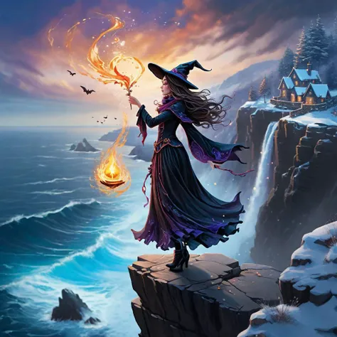 breathtaking A beautiful and stunning witch girl casts a love spell into the air as she stands on a cliff overlooking the sea. There are vivid winter details throughout, creating a lovely and cold ensemble. . award-winning, professional, highly detailed