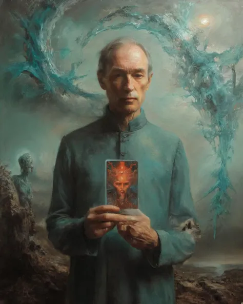 oil painting of a being holding a 2d tarot card of the future by beksinski by giger by William Eggleston reflections in chrome and glass <lora:dissolve:1><lora:oilpaintingClassipeintXL1.9:1> <lora:Outsider_Art>