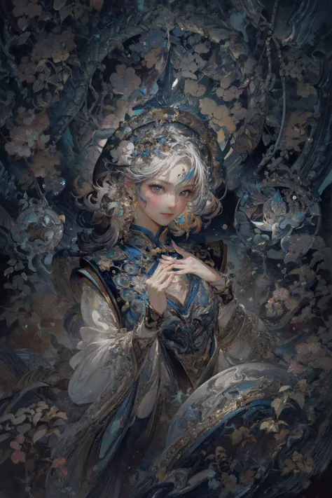 realistic, photorealistic, best quality, masterpiece, ultra high res, finely detailed, quality, realistic lighting, detailed skin, intricate details, raw photo, absurdres, highres, ultra detailed, BREAK, 1girl, solo, looking at viewer, 16 years old, poster, portrait, close up, key visual, beautifu and aesthetic face, nice hands, (hand of Guido Daniele:1.5), detailed background, detailed face, (jewelry, earrings, chinese clothes, long hair, hanfu, upper body, long sleeves, cloud, wide sleeves, flower, hair ornament, facial mark:1.5), (Silver hair, near a cherry blossom tree, human anatomy, morning, windy day, nice hands:1.4), (film view, Exaggerated Perspective:1.4), (detailed light, beautiful detailed glow, colored inner hair, clean facial features, an extremely delicate and beautiful, beautiful detailed eyes, stars in the eyes:1.3), (sexy, slim, large breasts, skinny, slim_legs, long legs, narrow waist, model pose:1.1), (smile, blush, Pink lips, Glowing Eyes, perfect face, detailed pupils, Makeup:1.1), (eye focus,  face focus, character focus, close-up face:1.3), (dynamic pose, dynamic angle, dutch angle,  cowboy shot:1.4), (reflection, refraction, Rembrandt lighting, diffuse lighting, radiosity, photon mapping, subsurface scattering, atmospheric lighting, dynamic lighting, Multi-exposure HDR capture, Screen Space Global Illumination, Ray Tracing, Lumen Reflections, Tone Mapping, volumetric lighting, Circular polarizer, broad lighting, dramatic lighting, moody lighting:1.3), (explosive light and shadow, lens flare, light particle, lens glare, light particles, Luminescent Particles, floating particles, particles:1.2), (depth of field, blurry foreground, sharp focus, perspective, aerial perspective, film grain, film:1.4), (colorful refraction, iridescent colors, Iridescence:1.1), (dark studio, rim lighting, two tone lighting, dimly lit, low key, rim light, dark theme), (watercolor style, soft blending, dreamy washes, delicate textures, brilliant colors, action painting, gestural marks, dynamic brushwork, expressive motion, spontaneous technique, abstract expressionism, energetic compositions, action pose, vibrant glow, dynamic colors, reflective surfaces, girly style, delicate accessories, Overdetailed art, Water color painting, ornaments detailed:1.1), (atmosphere, Cosy, Peaceful, Hopeful:1.1), (Glowing ambiance, enchanting radiance, luminous lighting, ethereal atmosphere, mesmerizing glow, evocative hues, captivating coloration, enchanting aura, melanchonic soft light:1.1), official art, beautiful and aesthetic, beautiful, (zentangle, mandala, tangle, entangle), (ecstasy of flower:1.1), the most beautiful form of chaos, elegant, a brutalist designed, vivid colours, romanticism, atmospheric, warm tone, soft light, (fractal art), BREAK, delicate, Ultrarealistic, drawing, Detailed illustration, extremely detailed CG Unity 8k wallpaper, cinematic, dramatic, PBR Texturing, huge filesize, 8k uhd, octane render, unreal engine 5, BREAK, <lora:epiNoiseoffset_v3:1.3>, <lora:add_detail:0.65>, <lora:more_details:0.65>, <lora:GoodHands-beta2:1>, <lora:LowRA:0.6>, <lora:meihuagao:1>