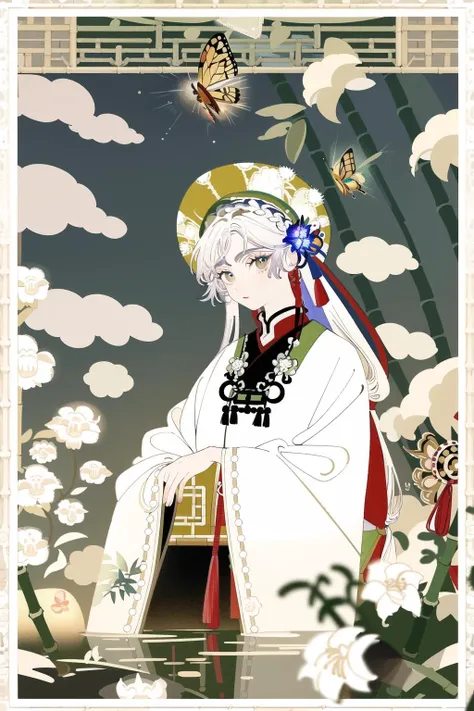 masterpiece, best quality, highres, 1girl, big eyes, white hair, flower, hair ornament, bamboo, butterfly, chinese clothes, <lora:Chinese_style:1>, looking at viewer,