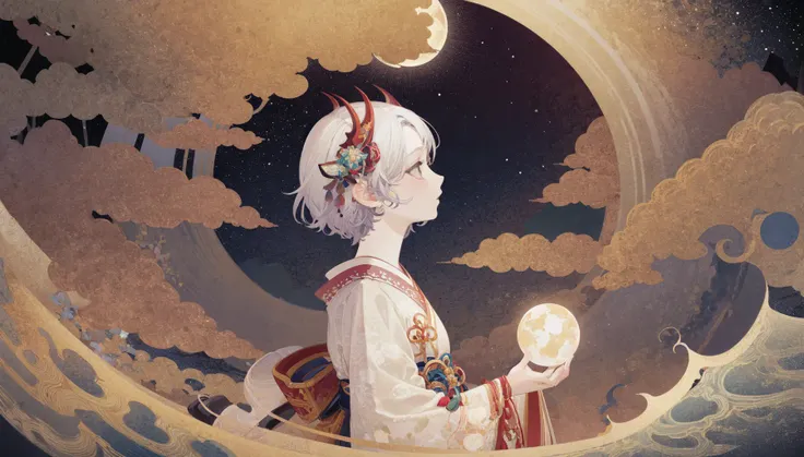 masterpiece, best quality, extremely detailed, detailed background, moon, torii, japanese clothes, star (sky), sky, waves, short hair, horns, cloud, orb, kimono, holding, white hair, 1girl, long sleeves, profile