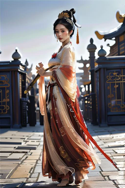 CR1.3,(flirtatious ,seductive:1.4),(RAW photo:1.2),(photorealistic:1.6),(lens 135mm,f1.8:1.2),(ultimate quality, masterpiece:1.3),(intricate details:1.2),(detailed face:1.2),dramatic,ray tracing,fashion photograph,<lora:goodhands_Beta_Gtonero:0.5:lbw=HAND>,good hands,Fixhand,fFaceDetail,Full body,Sharp focus,cinematic lighting,
<lora:dunhuangV3:1:lbw=CLOTHING>,(floating clothes,thighs,dunhuang cloths,hanfu,waist cape,strapless,navel,robe:1.2),
<lora:æä¸æ¡girlslike_lyt25:0.8:lbw=FACE>,,
<lora:UnlimitedBladeWorks1.6-Lycoris:0.5:lbw=ACT>,Unlimited Blade Works,holding weapon,<lora:ChineseweaponsV2:0.3>,å,ä¸å½å
µå¨,
<lora:xuer Ancient Chinese sword:0.8:lbw=ACT>,(xuer Ancient Chinese sword,swordsman:1.2),(holding sword,sword, fighting stance:1.6),,
(1girl,solo,outdoors,war castle:1.6),confident smile,beautful face,<lora:PerfectBreastsV4-offset:0.5:lbw=BODY>,(large breasts, narrow waist:1.2),sexy body,perfect body,shiny hairs,<lora:zanhua_v1:0.65>,zanhua,hair ornament,earrings,necklace,jewelry,
(anatomically correct hands,anatomically correct feet,anatomically correct body:1.6),