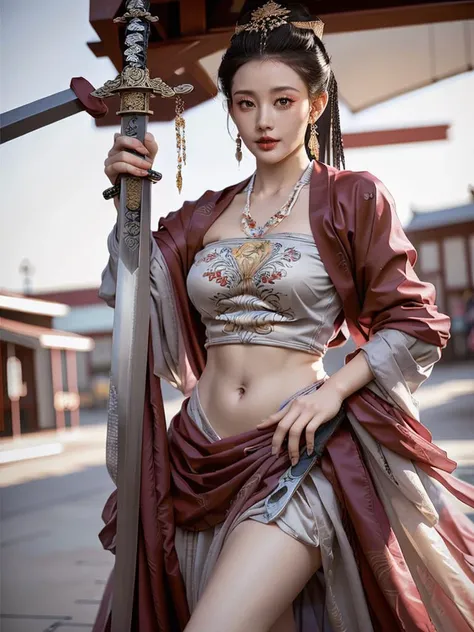 CR1.3,(flirtatious ,seductive:1.4),(RAW photo:1.2),(photorealistic:1.6),(lens 135mm,f1.8:1.2),(ultimate quality, masterpiece:1.3),(intricate details:1.2),(detailed face:1.2),dramatic,ray tracing,fashion photograph,fFaceDetail,Full body,<lora:PerfectBreastsV4-offset:0.3:lbw=BODY>,<lora:goodhands_Beta_Gtonero:0.3:lbw=HAND>,good hands,Fixhand,Sharp focus,cinematic lighting,
<lora:æä¸æ¡girlslike_lyt15:0.8:lbw=FACE>,
<lora:dunhuangV3:0.65:lbw=CLOTHING>,(floating clothes,thighs,dunhuang cloths,hanfu,waist cape,strapless,navel,robe:1.2),
<lora:xuer ai yazawa style girl-V2:0.65:lbw=POSE>,xuer ai yazawa style girl,Chinese style,(holding weapon,sword:1.6)fighting,,,
(1girl,solo,outdoors:1.6),confident smile,beautful face,(medium breasts, narrow waist:1.2),sexy body,perfect body,shiny hairs,<lora:zanhua_v1:0.65>,zanhua,hair ornament,earrings,necklace,jewelry,confident,showcasing,buzzing atmosphere,
(anatomically correct hands,anatomically correct feet,anatomically correct body:1.6),