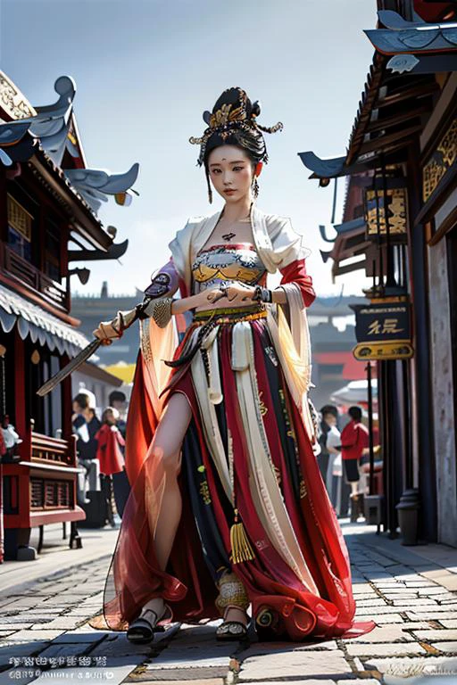 CR1.3,(flirtatious ,seductive:1.4),(RAW photo:1.2),(photorealistic:1.6),(lens 135mm,f1.8:1.2),(ultimate quality, masterpiece:1.3),(intricate details:1.2),(detailed face:1.2),dramatic,ray tracing,fashion photograph,<lora:goodhands_Beta_Gtonero:0.5:lbw=HAND>,good hands,Fixhand,fFaceDetail,Full body,Sharp focus,cinematic lighting,
<lora:dunhuangV3:1:lbw=CLOTHING>,(floating clothes,thighs,dunhuang cloths,hanfu,waist cape,strapless,navel,robe:1.2),
<lora:æä¸æ¡girlslike_lyt25:0.8:lbw=FACE>,,
<lora:UnlimitedBladeWorks1.6-Lycoris:0.5:lbw=ACT>,Unlimited Blade Works,holding weapon,<lora:ChineseweaponsV2:0.3>,å,ä¸å½å
µå¨,
<lora:xuer Ancient Chinese sword(No filter):0.8:lbw=ACT>,(xuer Ancient Chinese sword,swordsman:1.2),(holding sword,sword, fighting stance:1.6),,
(1girl,solo,outdoors,war castle:1.6),confident smile,beautful face,<lora:PerfectBreastsV4-offset:0.5:lbw=BODY>,(large breasts, narrow waist:1.2),sexy body,perfect body,shiny hairs,<lora:zanhua_v1:0.65>,zanhua,hair ornament,earrings,necklace,jewelry,
(anatomically correct hands,anatomically correct feet,anatomically correct body:1.6),