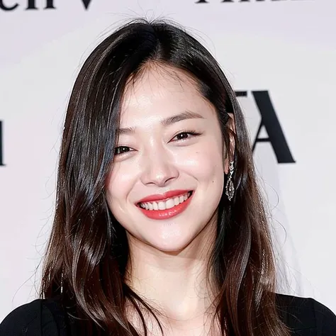 a woman with long hair and a black top smiling at the camera with a smile on her face and a red lip