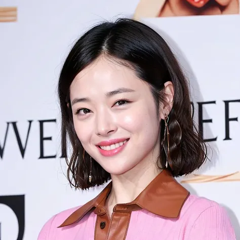 a woman with a pink shirt and brown shirt smiling at the camera with a smile on her face and a brown collared shirt