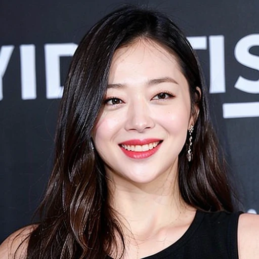 a woman with long hair and a black top smiling at the camera with a smile on her face and a red lip