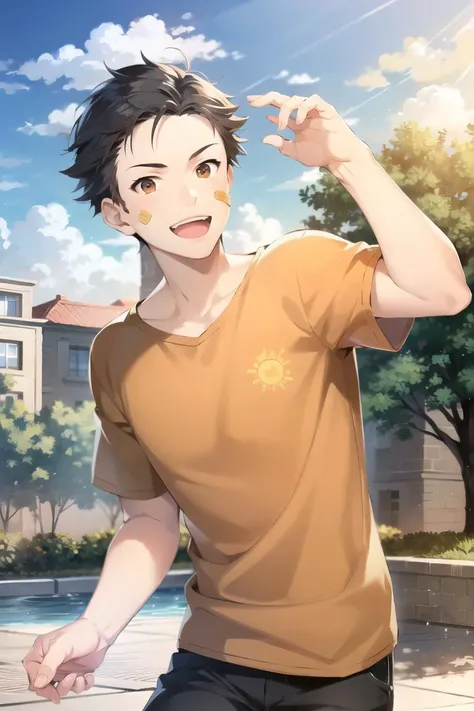 kimura ryu\(side-m\), 1boy, solo, looking at viewer, male focus, black hair, brown eyes, smile, open mouth, bandaid, bandaid on face, bandaid on cheek, orange shirt, sun, cloud, day
