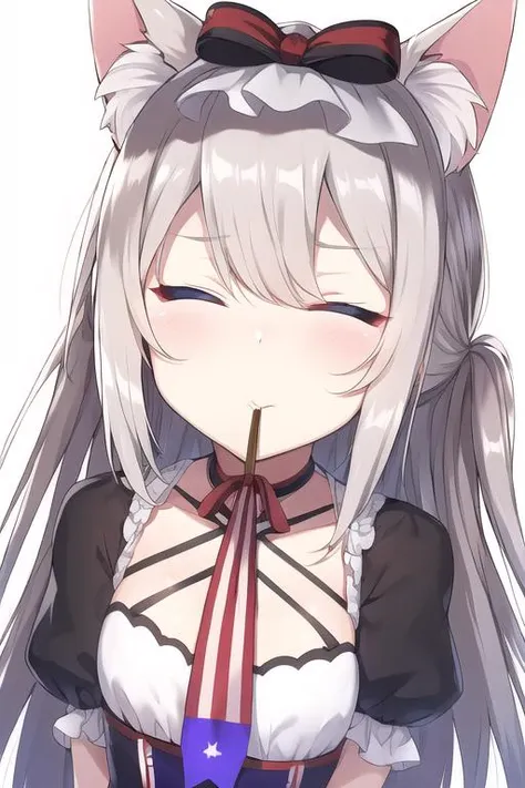 hammann_\(azur_lane\),1girl, solo, (close eyes:1.2),upper_body,pocky, pocky kiss, incoming pocky kiss,gray_hair