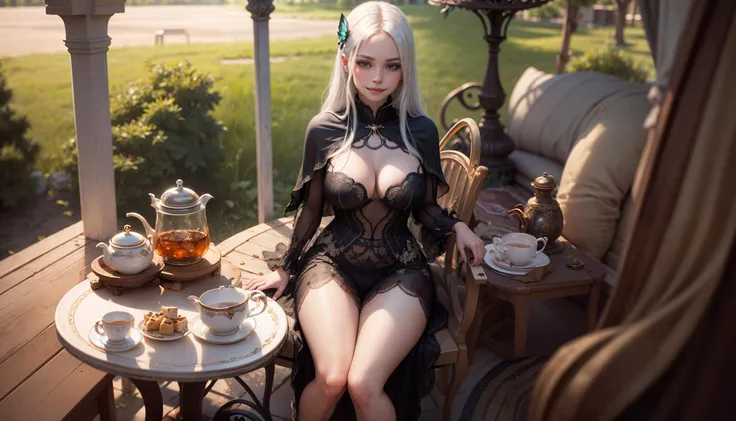 (8k, best quality, masterpiece:1.2), (realistic, photo-realistic:1.37), ultra-detailed, tea set, in the gazebo, def1,  evil smile, large breasts, cleavage cutout,  white flower, nature, scenery, outdoors, <lora:add_detail:0.3> <lora:echidna2:1> 
