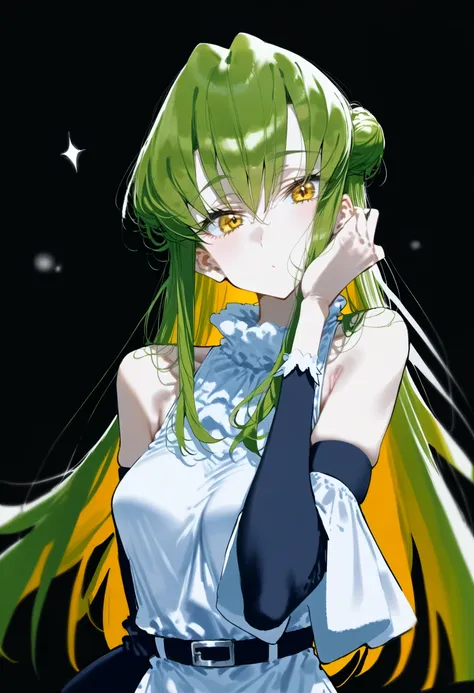 score_9, score_8_up, score_7_up,  1girl, c.c., code geass, armpit crease, bare shoulders, black background, black sleeves, blurry, bokeh, covered mouth, depth of field, detached sleeves, dress, green hair, hair over mouth, hand in own hair, head tilt, long hair, long sleeves, looking at viewer, messy hair, skinny, sleeveless, sleeveless dress, solo, sparkle, upper body, yellow eyes <lora:Quasarcake-Ebifurya-Wlop [470285]:0.8>