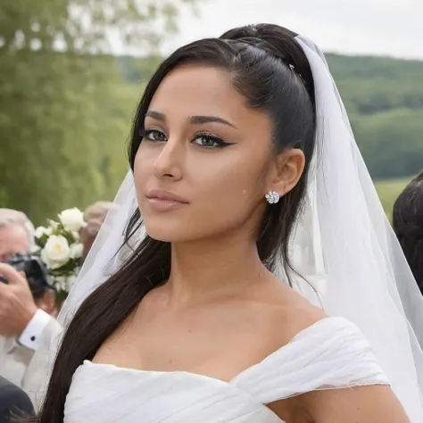 Hyperrealistic art close-up photo of 4r1ana a woman, black hair, at a outdoor wedding, white dress, bride, looking at viewer, <lora:Ariana_Grande_2019:.9> . Extremely high-resolution details, photographic, realism pushed to extreme, fine texture, incredibly lifelike
