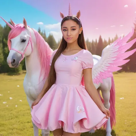 concept art photo of 4r1ana a woman, wearing a pink cute outfit, at a fantasy world, unicorns, pegasus, fairies, frontview, looking at viewer, <lora:Ariana_Grande_2019:.9> . digital artwork, illustrative, painterly, matte painting, highly detailed