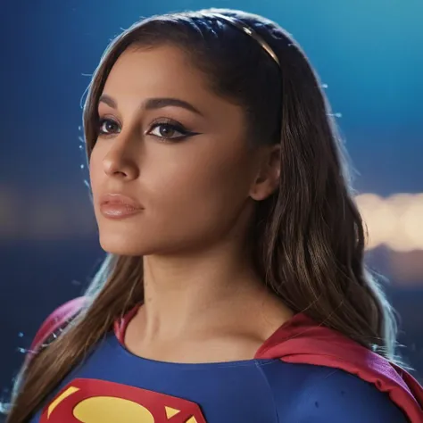 cinematic film still close-up photo of 4r1ana a woman, wearing a superwoman outfit, looking at viewer,, <lora:Ariana_Grande_2019:.9> . shallow depth of field, vignette, highly detailed, high budget, bokeh, cinemascope, moody, epic, gorgeous, film grain, grainy