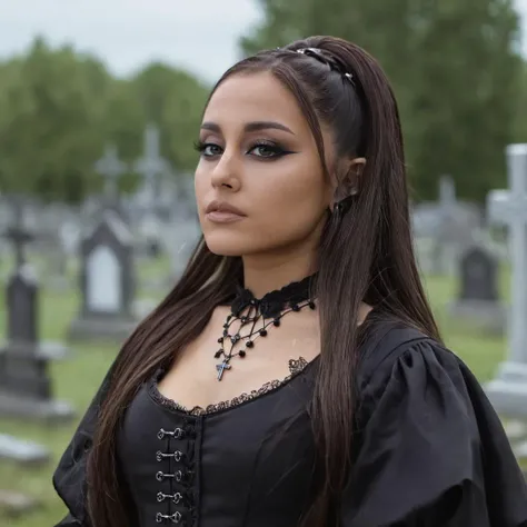 cinematic film still close-up photo of 4r1ana a woman, wearing a gothic outfit, at a cemetary, looking at viewer, frontview, <lora:Ariana_Grande_2019:.9> . shallow depth of field, vignette, highly detailed, high budget, bokeh, cinemascope, moody, epic, gorgeous, film grain, grainy