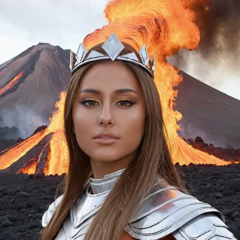 Hyperrealistic art close-up photo of 4r1ana a woman, as a fire queen, at a volcano, looking at viewer, <lora:Ariana_Grande_2019:.9> . Extremely high-resolution details, photographic, realism pushed to extreme, fine texture, incredibly lifelike