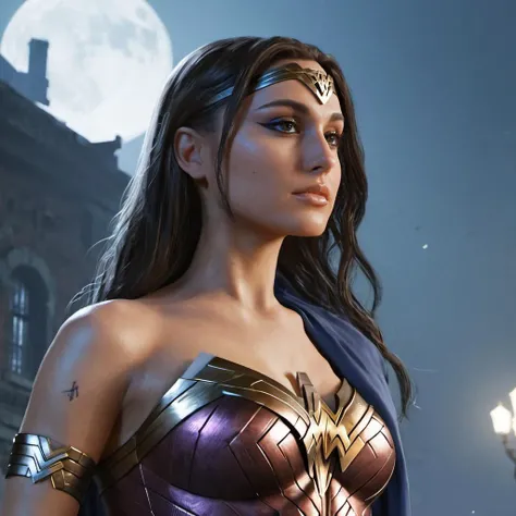 concept art close-up photo of 4r1ana a woman, wearing a wonder woman outfit, at arkham city, looking at viewer, <lora:Ariana_Grande_2019:.9> . digital artwork, illustrative, painterly, matte painting, highly detailed