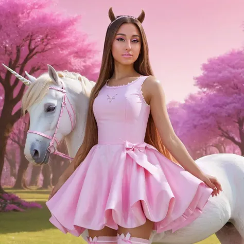 concept art photo of 4r1ana a woman, wearing a pink cute outfit, at a fantasy world, unicorns, pegasus, fairies, frontview, looking at viewer, <lora:Ariana_Grande_2019:.9> . digital artwork, illustrative, painterly, matte painting, highly detailed