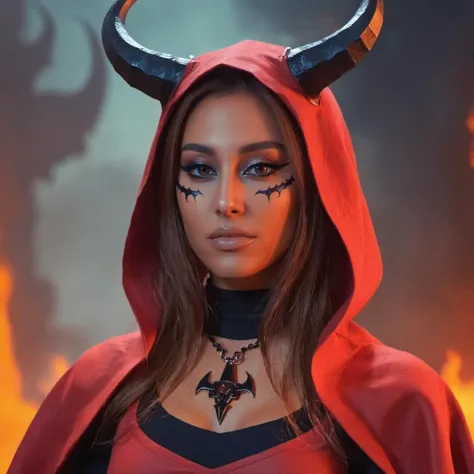 concept art close-up photo of 4r1ana a woman, wearing a devil outfit, at hell, looking at viewer, <lora:Ariana_Grande_2019:.9> . digital artwork, illustrative, painterly, matte painting, highly detailed