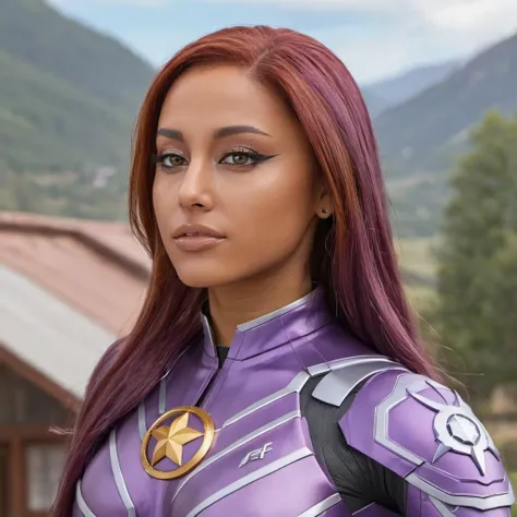 concept art close-up photo of 4r1ana a woman, wearing a starfire outfit, at her home land, looking at viewer, <lora:Ariana_Grande_2019:.9> . digital artwork, illustrative, painterly, matte painting, highly detailed