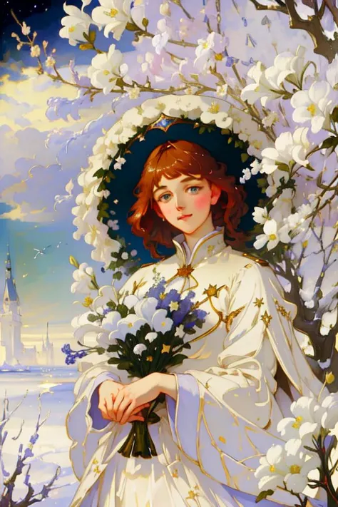 <lora:mrcatjakStyle_v10:1> 1Girl, masterpiece, best quality, shot from above, wide shot, landscape, blue sky, stars, stargazing, shy redhead girl sleeping in a circle of white lilys, flowers, naive, beautiful light dress, deep blue coat, virgin, hands closed, vintage colors, glowing stars on the sky, glowing stars on the dress, stardust, Franz Xaver Winterhalter, Albert Lynch, Serge Marshennikov