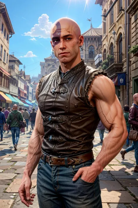 (masterpiece, best quality:1.3) 
<lora:epi_noiseoffset2:1> <lora:add_detail:0.7>  <lora:BGMinsc:0.8>
BGMinsc, 1boy, solo, bald, facial mark, muscular, upper body , urban square, midday, bustling and lively with people enjoying the daylight