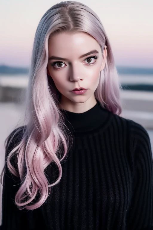 1girl,ATLJ,(masterpiece, top quality, best quality, official art, beautiful and aesthetic:1.2), (fractal art:1.3), 1girl, beautiful, high detailed, purple hair with a hint of pink, pink eyes, dark lighting, serious face, looking the sky, sky, medium shot, black sweater, jewelry, masterpiece, best quality,