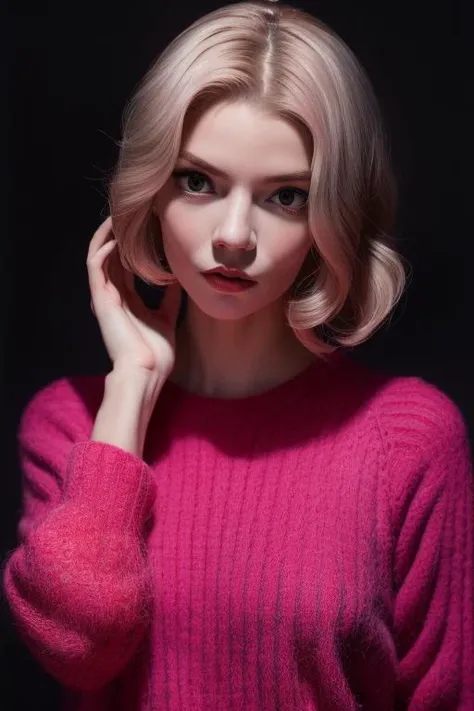 1girl,ATLJ,(masterpiece, top quality, best quality, official art, beautiful and aesthetic:1.2), (fractal art:1.3), 1girl, beautiful, high detailed, purple hair with a hint of pink, pink eyes, dark lighting, serious face, looking the sky, sky, medium shot, black sweater, jewelry, masterpiece, best quality,