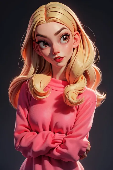 3dmm style,(masterpiece, top quality, best quality,ATLJ, 1girl, solo, sweater, looking at viewer, parted lips, realistic, black background, red sweater, simple background, upper body, long hair, blonde hair, head tilt, red lips, long sleeves, masterpiece, best quality,