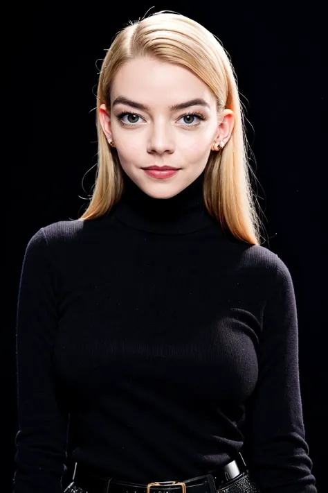 3DMM portrait of AnyaTaylor-Joy looking at viewer, confident expression, grin, (large perky breasts), black turtleneck outfit, modern fashion motif, dynamic rembrandt lighting style, low-key dramatic black studio background, sharp focus, 85mm, f/2.8, Leica M6, by Terry Richardson <lora:3DMM 12:0.4>