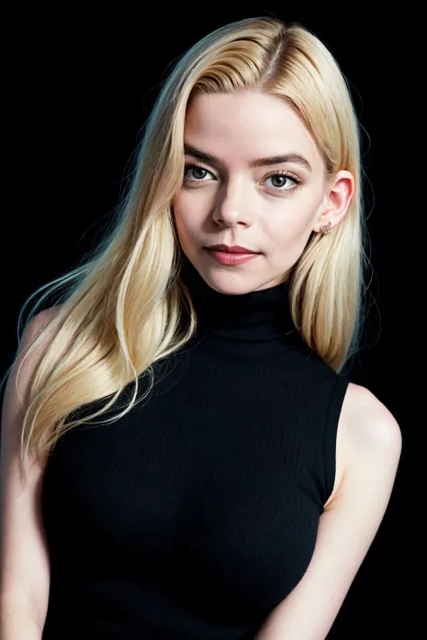 portrait of AnyaTaylor-Joy looking at viewer, confident expression, grin, (large perky breasts), black turtleneck outfit, modern fashion motif, dynamic rembrandt lighting style, low-key dramatic black studio background, sharp focus, 85mm, f/2.8, Leica M6, by Terry Richardson