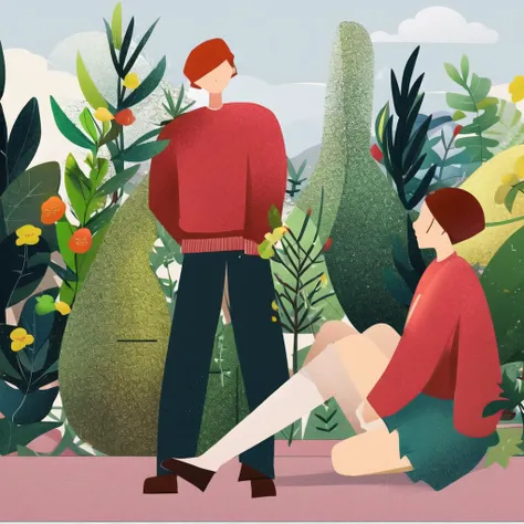 <lora:MarketingFlat-000006:1>,1 boy,1 girl,flat illustration,noise texture,plants,red shirt,skirts,chatting, no facial details
