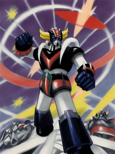 Alafe standing on a platform with arms outstretched in the air, Mazinger, gundam is windmill shaped, huge robot, Super Robot, huge robot, anime large mecha robot, Still image of robot Goku, Getter Robo, GUNDAM ROBOT, Mobile Suit Gundam, Robot overload in 3499, anime robots