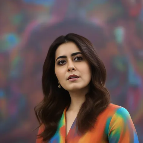 anusha in a colorful dress looking up at the camera