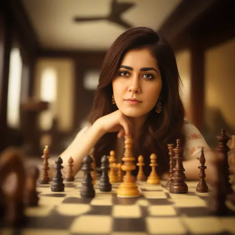 RaashiKhanna, photograph, masterpiece, long shot of a Repressive heavyset Meiji Era Female Draugr, Playing chess, Yoga pose, Honey Accomplished hair, tilt shift, Iphone X, Fish-eye Lens, Warm Colors, raytraced reflections,  <lora:RaashiKhannaSDXL:1>