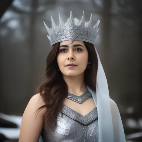 a woman in a silver dress and crown poses for a photo