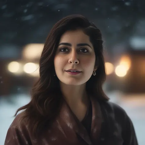 a woman in a brown coat standing in the snow