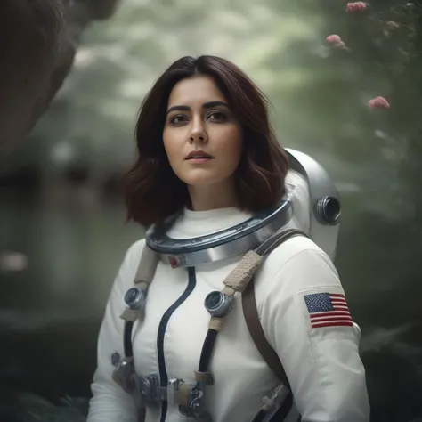 RaashiKhanna, art by Katerina Belkina, photograph, behance, [Hostile|Murano] Elastic plump Georgian Female Dwemer, Astronaut, Buckles, Crazy Eyes, near Grotto, Realistic, Romanesque, Bloom light, film grain, film camera, 50mm,  <lora:RaashiKhannaSDXL:1>