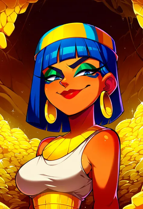 score_9, score_8_up, score_7_up, score_6_up, zzEgyptian, 1girl, Egyptian, smug, portrait, gold, linen gown, breasts, usekh collar, large earrings, kohl eyeliner, makeup, two-tone eyeshadow, blue eyeshadow, green eyeshadow, red lipstick, digital illustration, treasure-room, <lora:Egyptian_PDXL:0.4>, <lora:Clash_Supercell_Style_LoRA:1>, <lora:treasure xl v1:0.5>