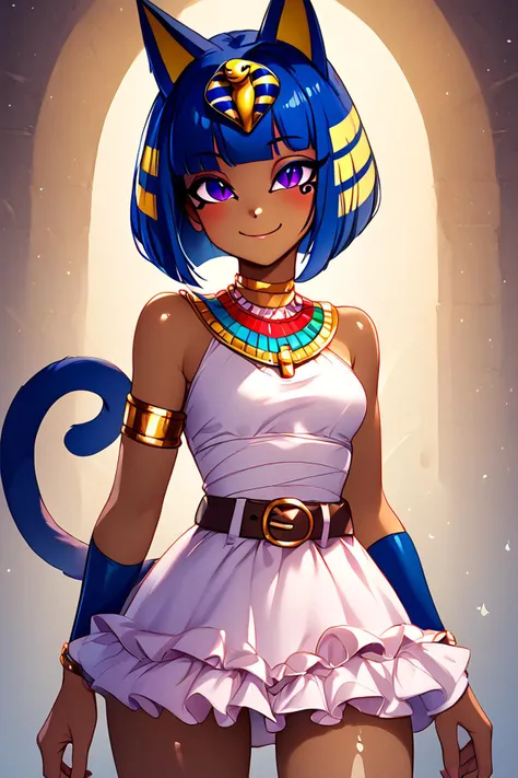 score_9, score_8_up, score_8, medium breasts, (curvy), cute, eyelashes, BREAK, , zzEgyptian, animal crossing, animal ears, zzAnkha, armlet, backlighting, bare shoulders, belt, blonde hair, blue hair, blunt bangs, blunt ends, bob cut, cat ears, cat girl, cat tail, closed mouth, cropped, daniel deng, dark skin, dress, eye of horus, eyelashes, eyes visible through hair, facial tattoo, humanization, purple eyes, shiny skin, short hair, slit pupils, tattoo, usekh collar, white dress , <lora:Egyptian_PDXL:0.8>,, BREAK, closed mouth, alternate costume, smile, looking at viewer, blush, zzLFashion, frilled dress, frills, bow, dress, striped thighhighs, sweetL, cowboy shot, embedding:zPDXL, Expressiveh, <lora:Vivid:0.7>, <lora:LFashionPDXL:1>, <lora:Uncensored_PonyXL_cpt_v02.09:0.4>, <lora:Expressive_H-000001:0.4>,