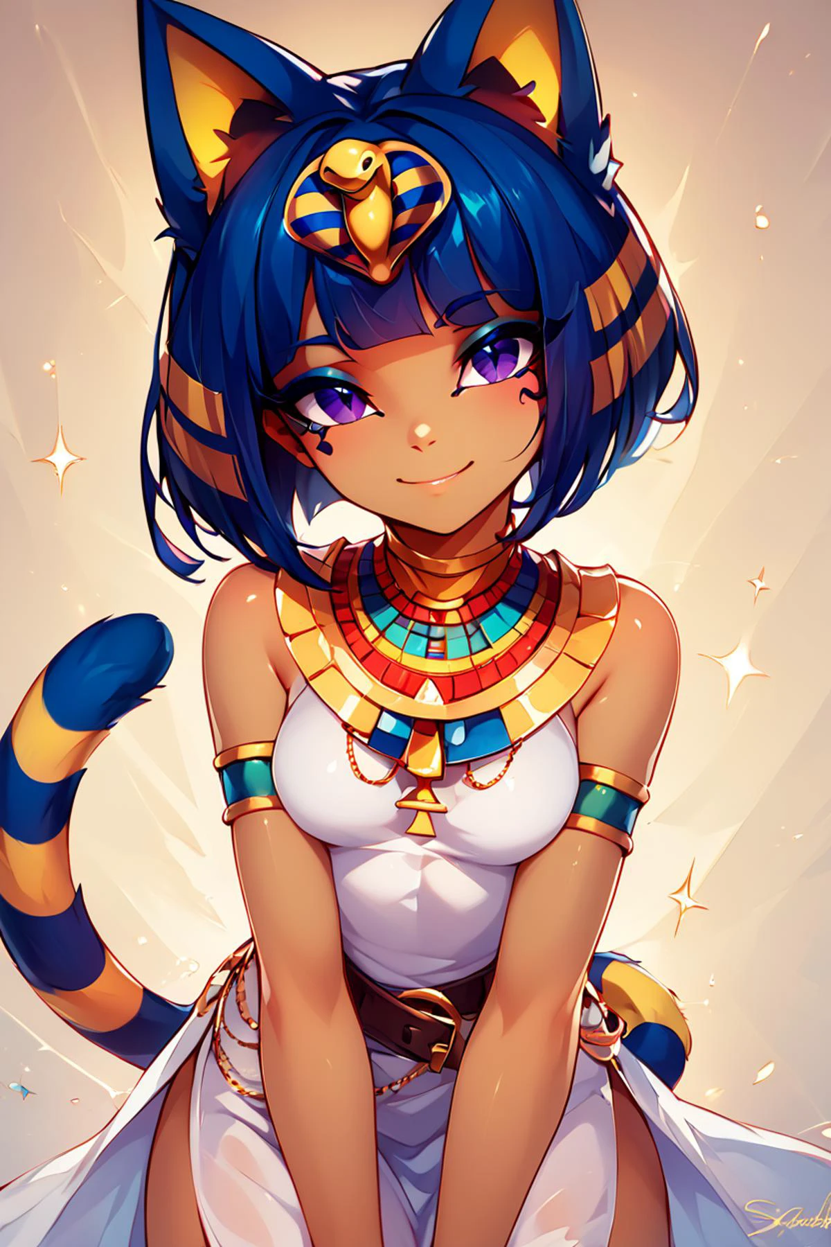 score_9, score_8_up, score_8, medium breasts, (curvy), cute, eyelashes, BREAK, , zzEgyptian, animal crossing, animal ears, zzAnkha, armlet, backlighting, bare shoulders, belt, blonde hair, blue hair, blunt bangs, blunt ends, bob cut, cat ears, cat girl, cat tail, closed mouth, cropped, daniel deng, dark skin, dress, eye of horus, eyelashes, eyes visible through hair, facial tattoo, humanization, purple eyes, shiny skin, short hair, slit pupils, tattoo, usekh collar, white dress , <lora:Egyptian_PDXL:1.0>,, BREAK, looking at viewer, smile, waving, upper body, leaning forward, head tilt, embedding:zPDXL, Expressiveh, <lora:CatalystStylePDXL:0.6>, <lora:SDXLFaeTastic2400:0.5>, <lora:Expressive_H-000001:0.4>,