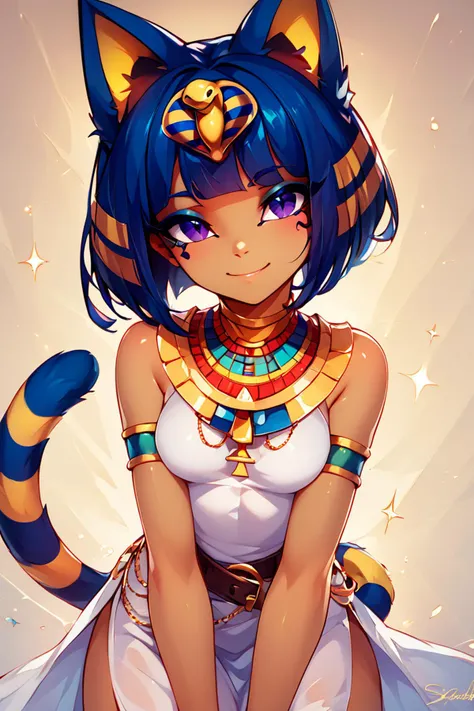 score_9, score_8_up, score_8, medium breasts, (curvy), cute, eyelashes,       BREAK, , zzEgyptian, animal crossing, animal ears, zzAnkha, armlet, backlighting, bare shoulders, belt, blonde hair, blue hair, blunt bangs, blunt ends, bob cut, cat ears, cat girl, cat tail, closed mouth, cropped, daniel deng, dark skin, dress, eye of horus, eyelashes, eyes visible through hair, facial tattoo, humanization, purple eyes, shiny skin, short hair, slit pupils, tattoo, usekh collar, white dress ,   <lora:Egyptian_PDXL:1.0>,, BREAK, looking at viewer,  smile, waving, upper body, leaning forward, head tilt,  embedding:zPDXL, Expressiveh, <lora:CatalystStylePDXL:0.6>,  <lora:SDXLFaeTastic2400:0.5>,  <lora:Expressive_H-000001:0.4>,