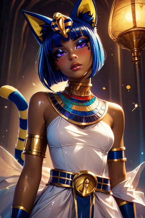 score_9, score_8_up, score_8, medium breasts, (curvy), cute, eyelashes, BREAK, , zzEgyptian, animal crossing, animal ears, zzAnkha, armlet, backlighting, bare shoulders, belt, blonde hair, blue hair, blunt bangs, blunt ends, bob cut, cat ears, cat girl, cat tail, closed mouth, cropped, daniel deng, dark skin, dress, eye of horus, eyelashes, eyes visible through hair, facial tattoo, humanization, purple eyes, shiny skin, short hair, slit pupils, tattoo, usekh collar, white dress , <lora:Egyptian_PDXL:0.8>,, BREAK, (ultra realistic,32k, masterpiece:1.2),(high detailed skin:1.1),( high quality:1.1), curvy, head tilt, hearts, blush, lips, curvy, head tilt, shiny clothes, (upper body), looking at viewer, bokeh, luminescent background, embedding:zPDXL, Expressiveh, <lora:RlAnmPDXL:1.0>,