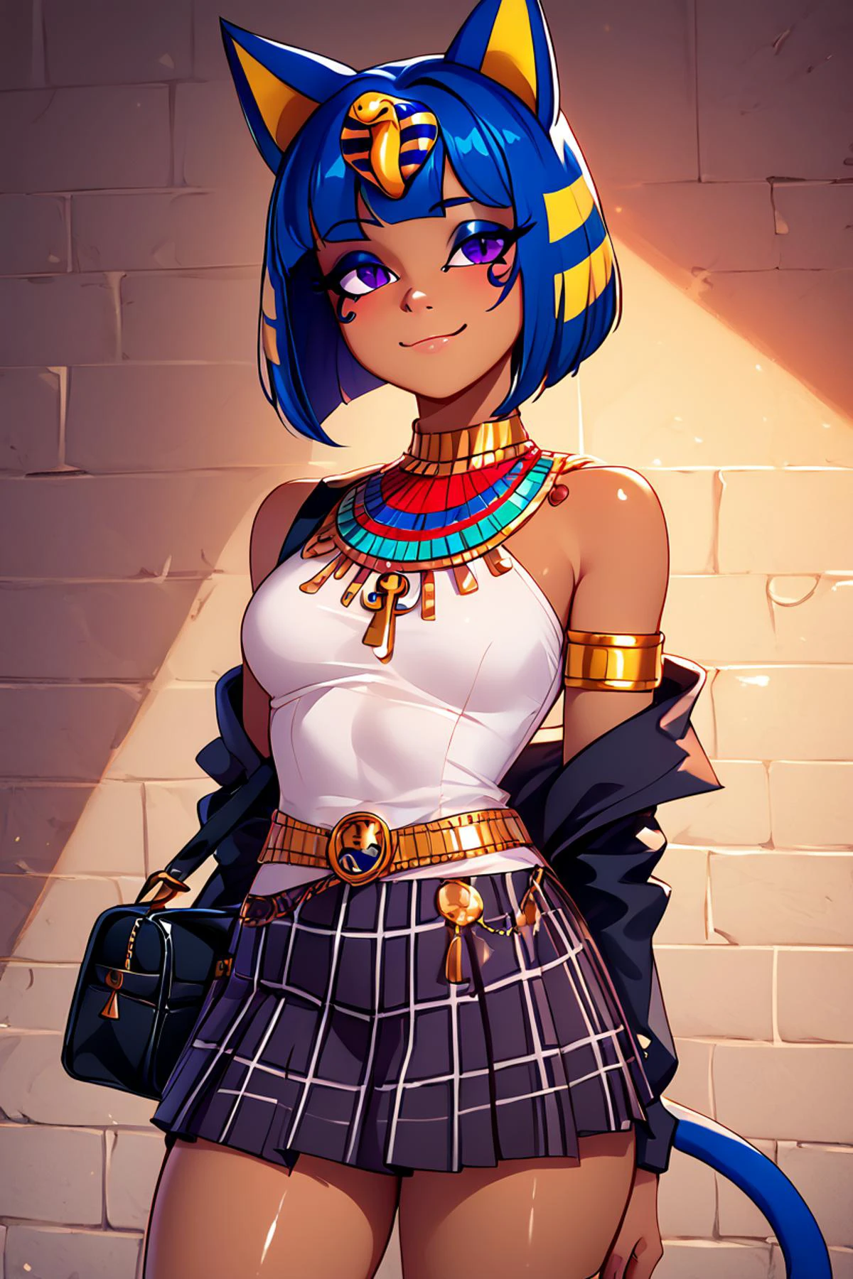 score_9, score_8_up, score_8, medium breasts, (curvy), cute, eyelashes, BREAK, , zzEgyptian, animal crossing, animal ears, zzAnkha, armlet, backlighting, bare shoulders, belt, blonde hair, blue hair, blunt bangs, blunt ends, bob cut, cat ears, cat girl, cat tail, closed mouth, cropped, daniel deng, dark skin, dress, eye of horus, eyelashes, eyes visible through hair, facial tattoo, humanization, purple eyes, shiny skin, short hair, slit pupils, tattoo, usekh collar, white dress , <lora:Egyptian_PDXL:1.0>,, BREAK, closed mouth, alternate costume, smile, looking at viewer, collared shirt, blush, sweater, black skirt, eyelashes, long sleeves, sleeves past wrists, plaid skirt, shoulder bag, black bag, blurry, tile floor, pleated skirt, white shirt, cowboy shot, embedding:zPDXL, Expressiveh, <lora:Vivid:0.7>, <lora:Uncensored_PonyXL_cpt_v02.09:0.4>, <lora:Expressive_H-000001:0.4>,