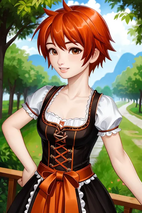 Suong from Vietnam, short spiky hairstyle [auburn:orange:.4] hair, <lora:Dirndl_v1:0.8> dirndl, <lora:make25d_typ3_v100:0.8>