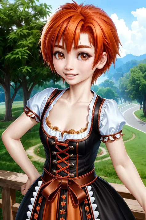 Suong from Vietnam, short spiky hairstyle [auburn:orange:.4] hair, <lora:Dirndl_v1:0.8> dirndl, <lora:make25d_type2_v100:0.8>